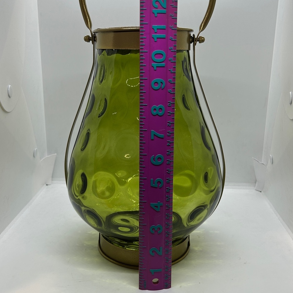 Green Glass With Gold Metal Handle Candle Holder 11” Decor - Picture 7 of 9